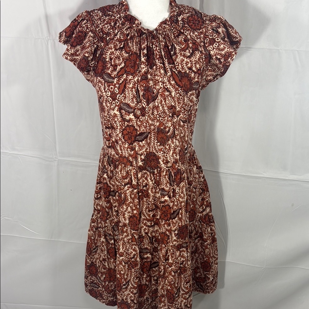 Ulla Johnson Rust and Cream Floral Tiered Midi Dress